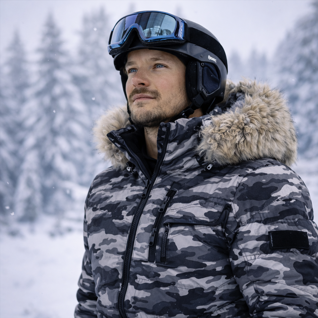 Homme portant une combinaison de ski NØRDIKA en montagne, tenue chaude et technique pour l’hiver